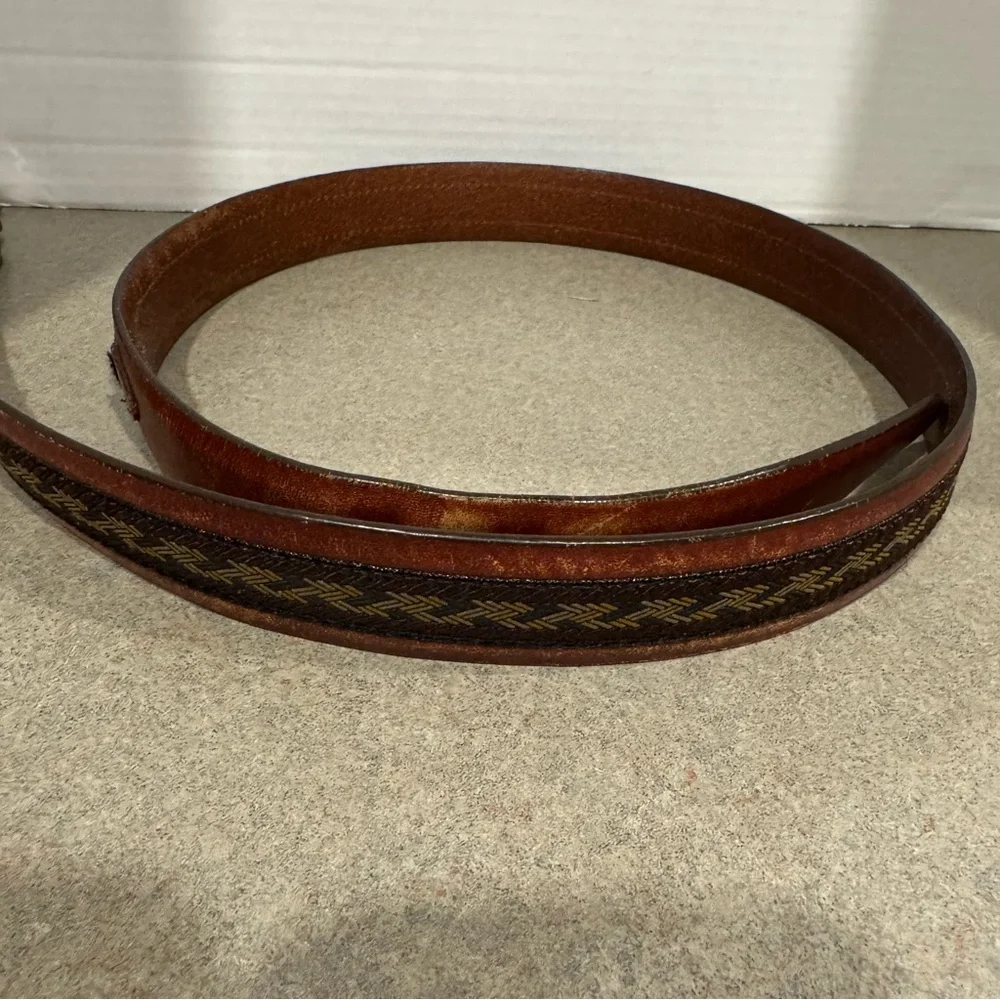Lands’ End Vintage Men’s Woven Print Brown Leather Belt Size 40/100 Made in USA